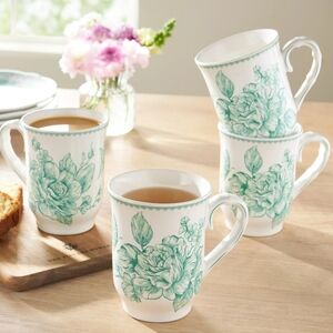 💕 2025 The Pioneer Woman Agatha  Green Floral 12oz Mug Set Of 4